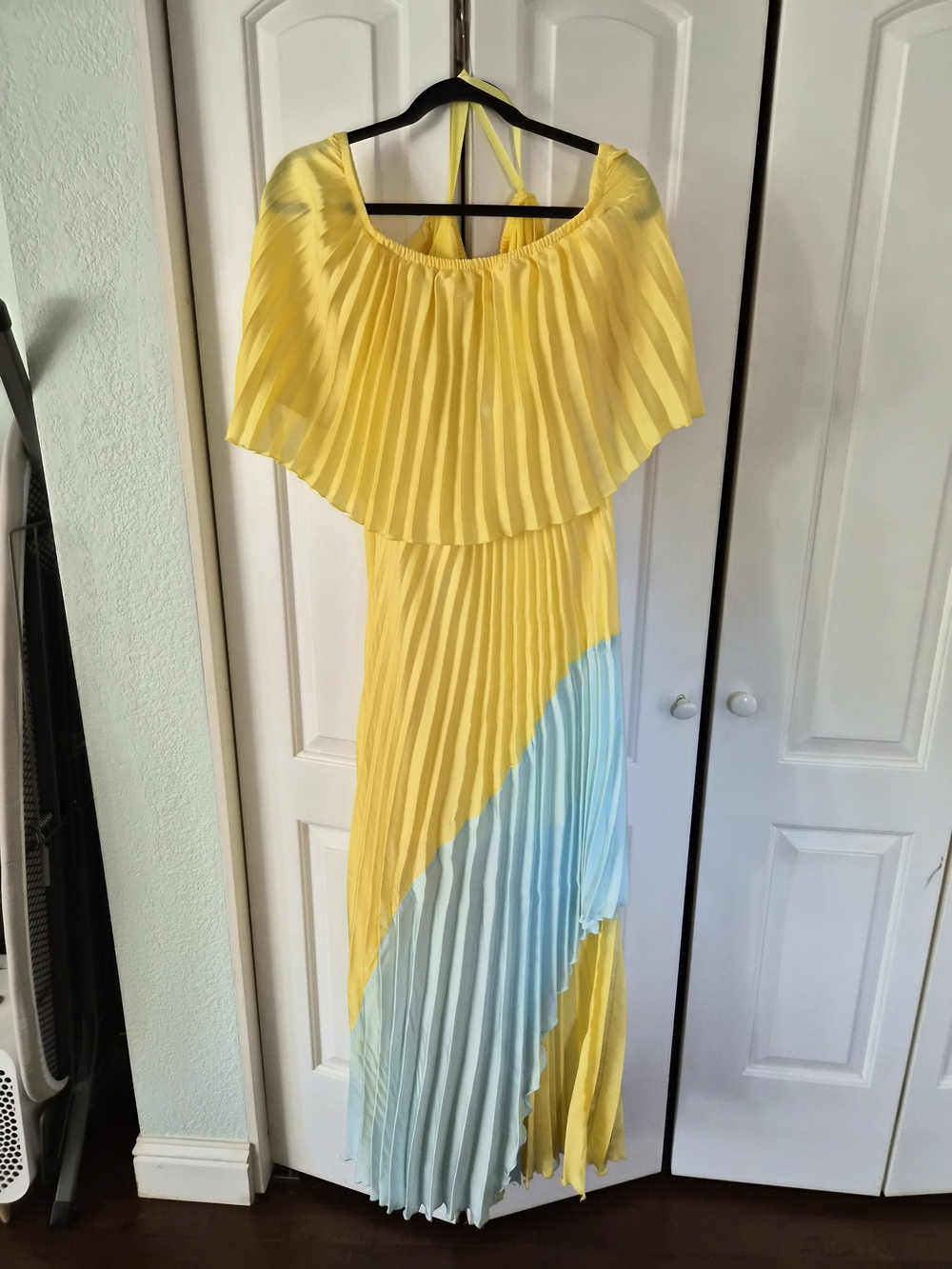 Pleated Off-Shoulder Yellow and Light Blue Maxi Dress